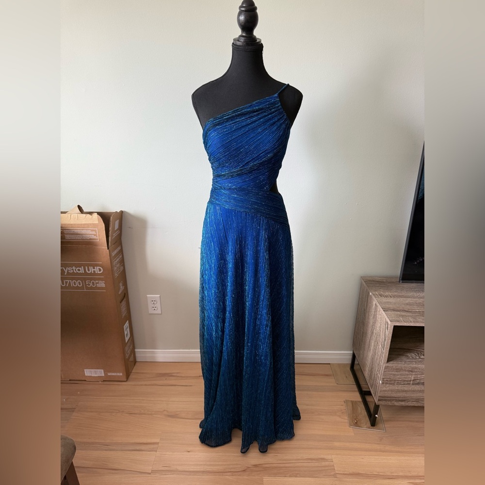 Betsy & Adam Blue Asymmetrical Ruched Gown